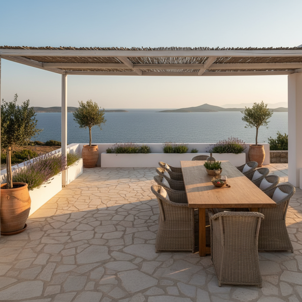 The main terrace of a Greek holiday villa in Finikounda, captured in photographic realism. A long, smooth stone patio stretches towards a low, white parapet wall, beyond which the deep blue sea and distant islands are clearly visible. In the foreground, a solid wood dining table with a natural matte finish sits under a simple pergola, surrounded by modern wicker chairs with cream cushions. Potted lavender, rosemary, and terracotta planters with small olive trees line the edge. Warm early evening light creates gentle highlights on the stone floor and soft shadows beneath the furniture. Shot at eye level with a wide-angle lens, the scene feels spacious, serene, and elegantly understated, emphasizing outdoor living and relaxation.